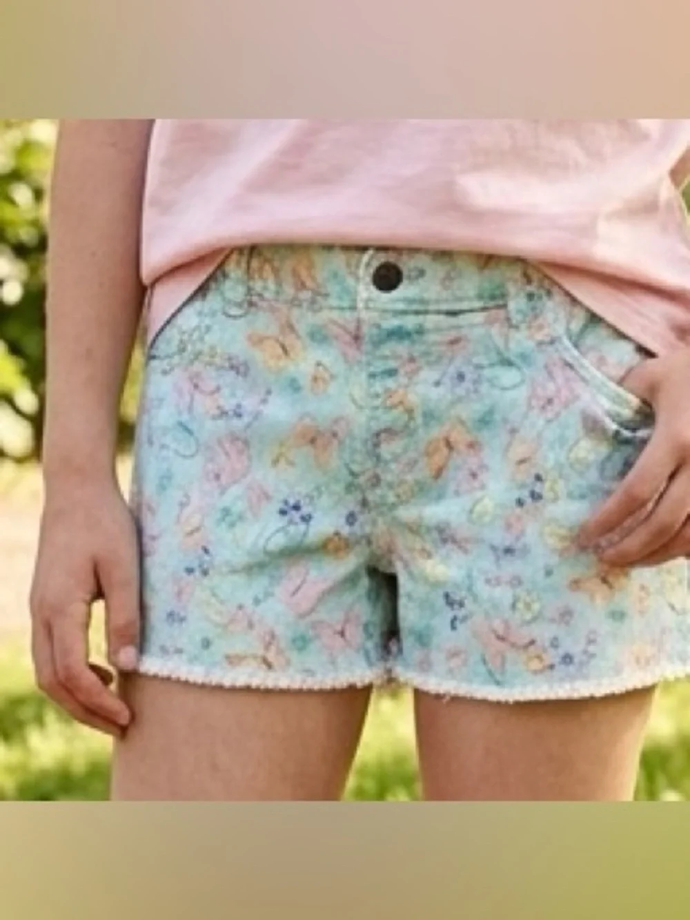 Carter's Pastel Floral Denim-Style Shorts - Light Blue with Pink & Yellow